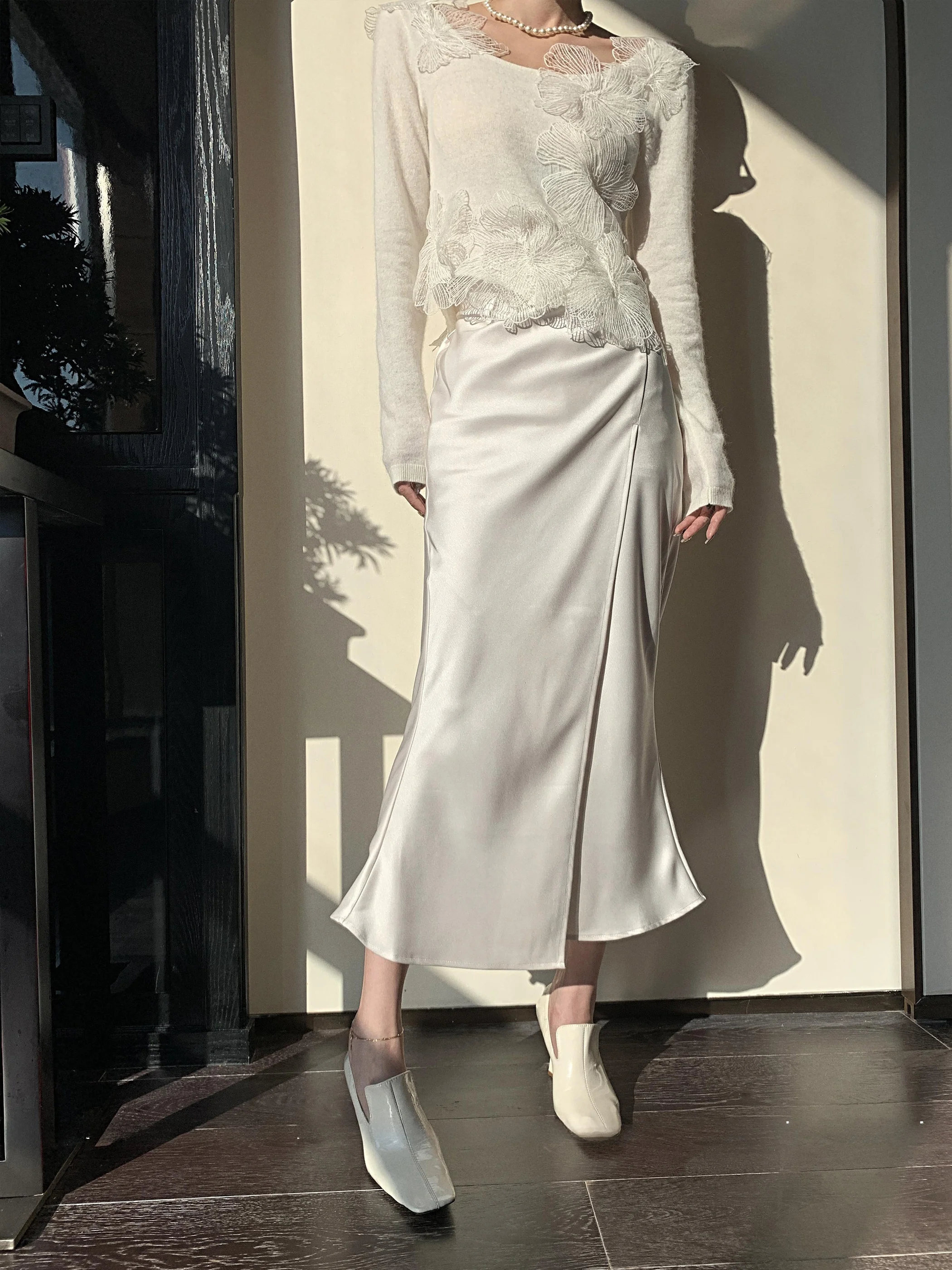 

Dongni3 Satin f Skirt Pearl White Mid-Length High Waist Spring Summer Ele Godd Sle Commute Pure Color Polyest...