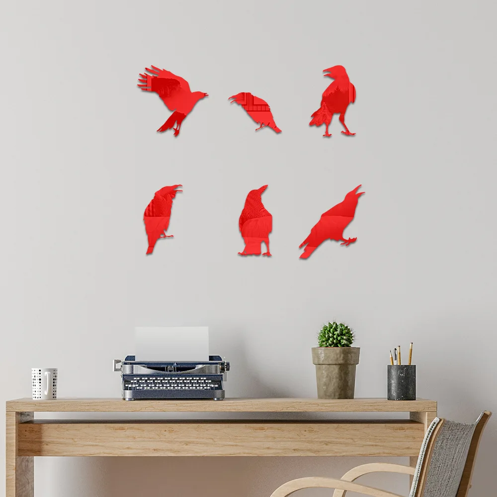 6pcs Crow mirror acrylic wall paste doorway wall decoration self-adhesive painting wall wall layout living room wallpaper