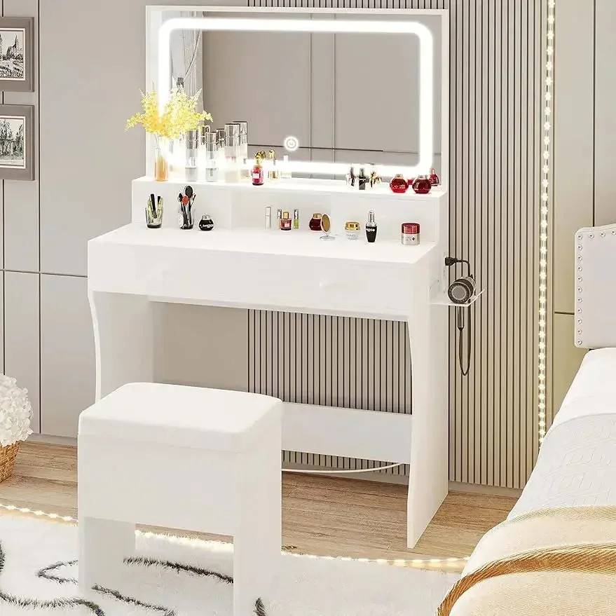 LIKIMIO Vanity Desk with LED Lighted Mirror & Power Outlet & 4 Drawers, Dressing Makeup Table Set with Storage