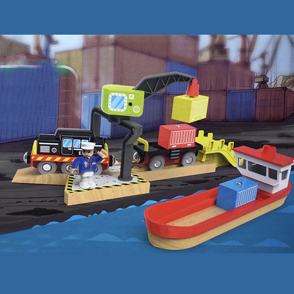 Wooden Dock Loading Crane Cargo Ship Toy Set Scene Compatible With Train Wood Track Children  Track Series Toy Accessories