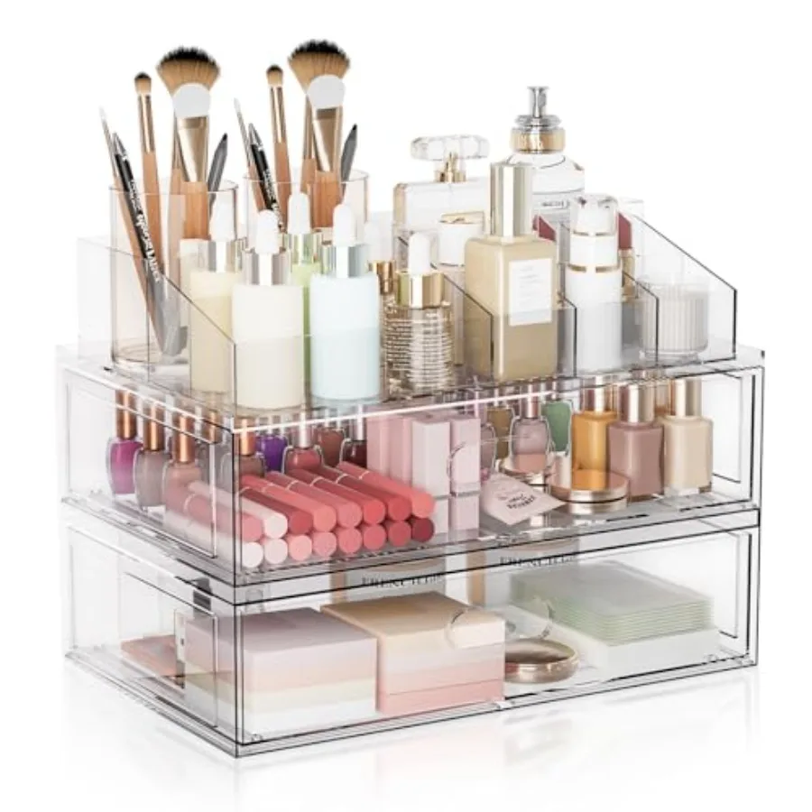 

Clear Stackable Makeup Organizer with Drawer, 12''W Acrylic Storage Drawers, Cosmetic Display Case for Vanity Bathroom Countert