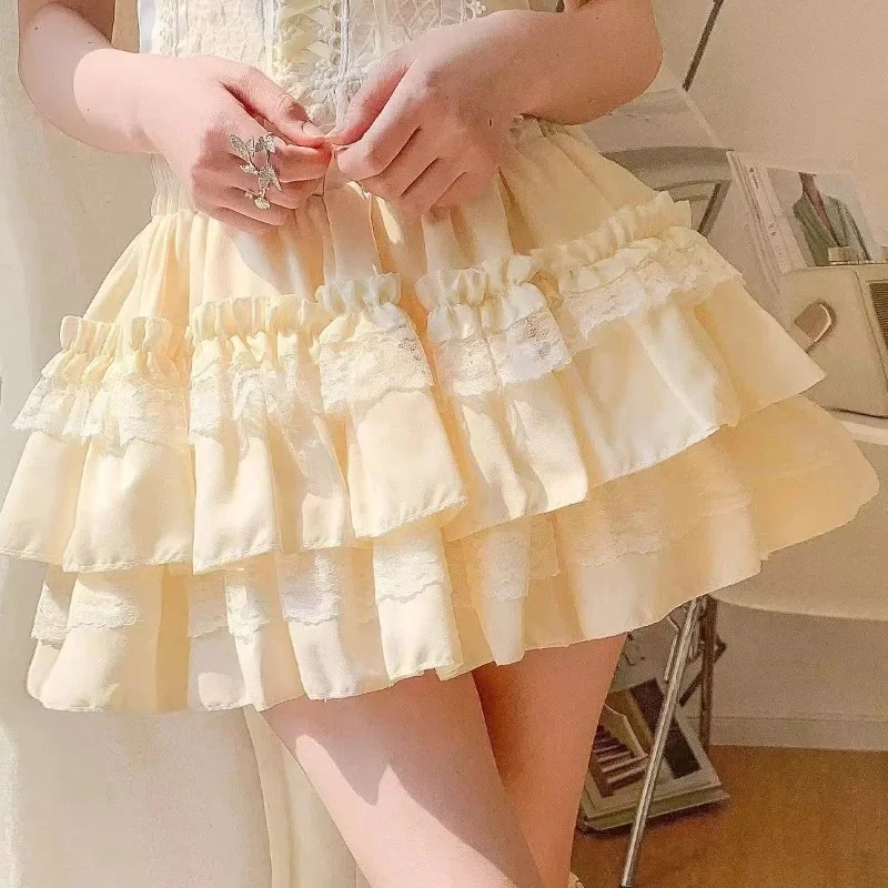 

Women Lace Fluffy Cake Skirt High Waist A-line Sweet Ballet Style Skirt