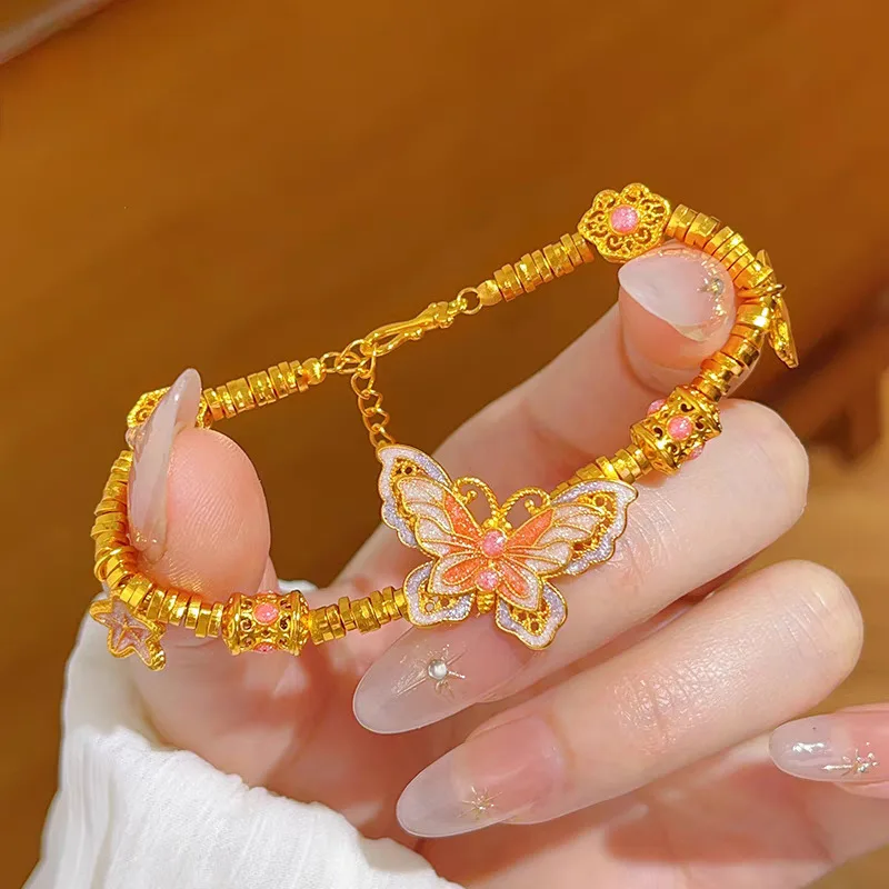 

Women's 24K Gold Enamel Pink Butterfly Star Bracelet, AU999 Diamond-accented antennae, glamorous statement of whimsical opulence