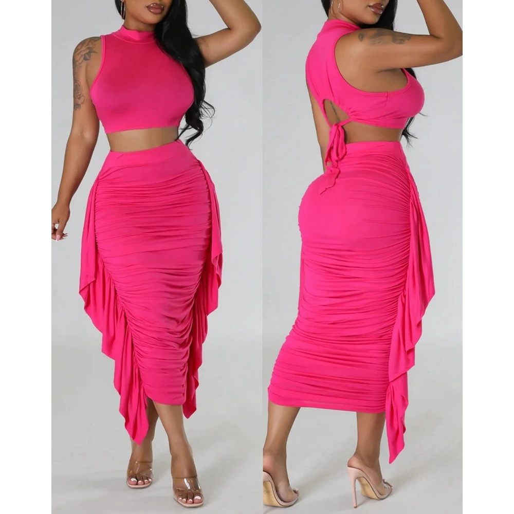 Summer Women Suit Set Workwear Tied Detail Crop Top & High Waist Midi Skirt Set Casual Tassel Femme Party 2Pcs Dress Sets in New