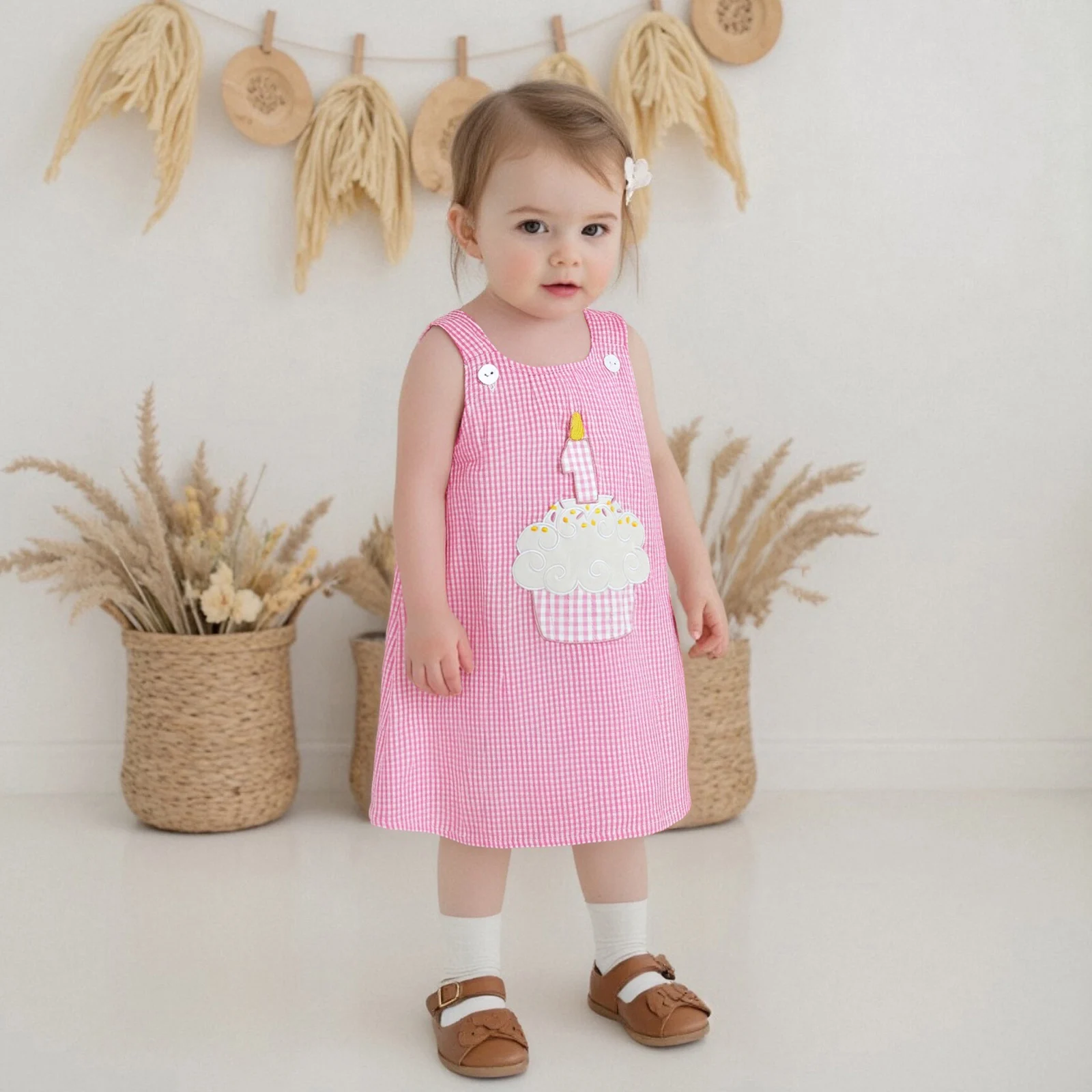 Baby Girls Birthday Tank Dress Sleeveless Round Neck Cake Embroidery Plaid Dress 6m-18m