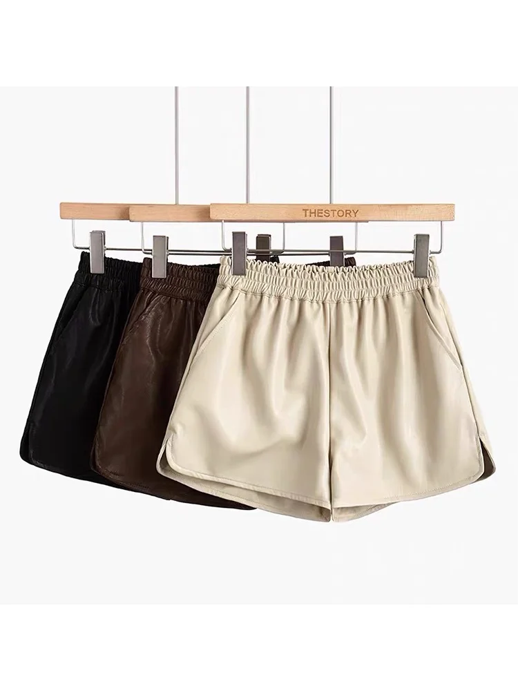 

Женские кожаные брюки с высокой талией из овчины, осенне-зимние, новые, черные, А-силуэт, широкие штанины, верхняя одежда