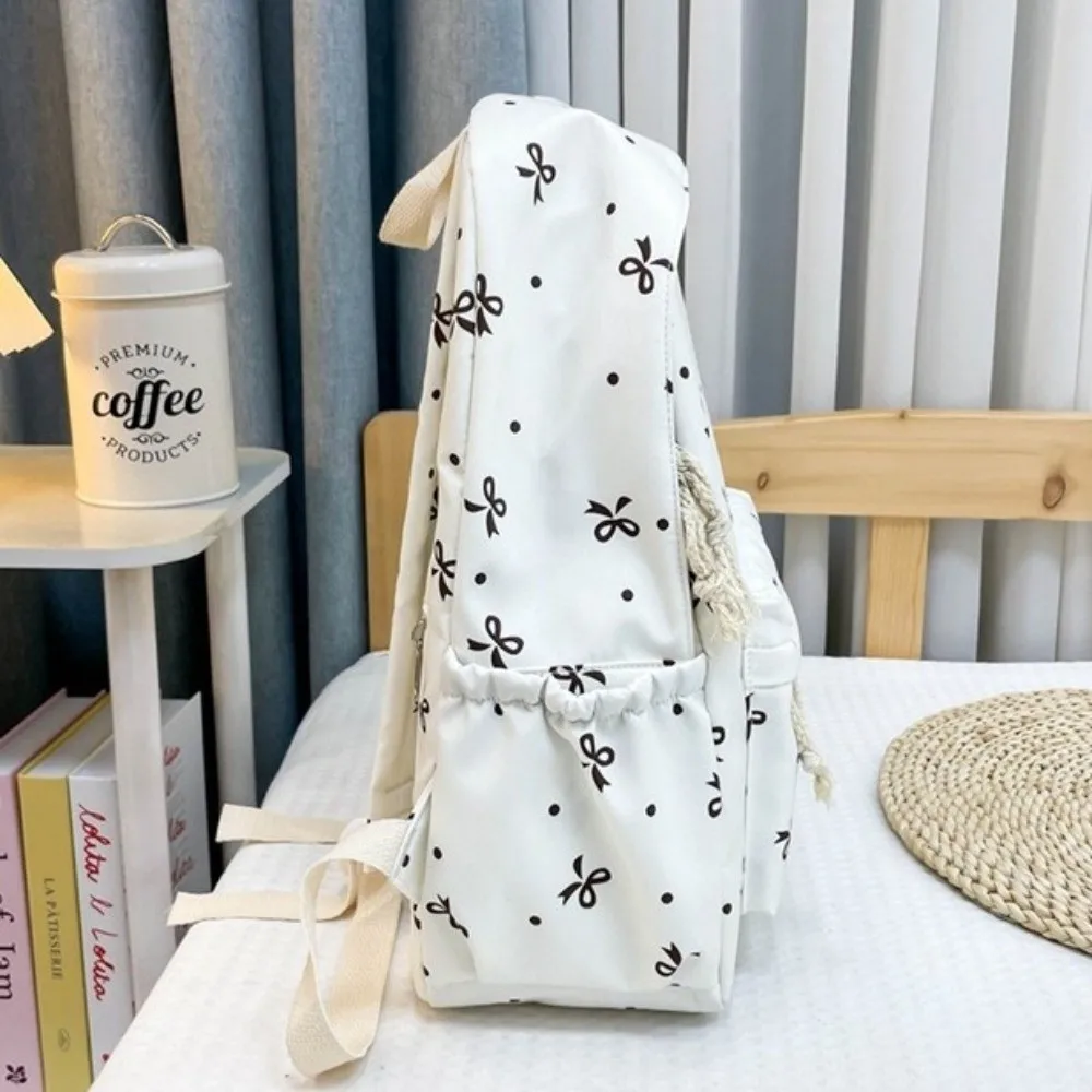 Nylon Material Bow Print Backpack Quilted Design Adjustable Straps Large Capacity School Bag Multi-Pocket Reinforce Structure