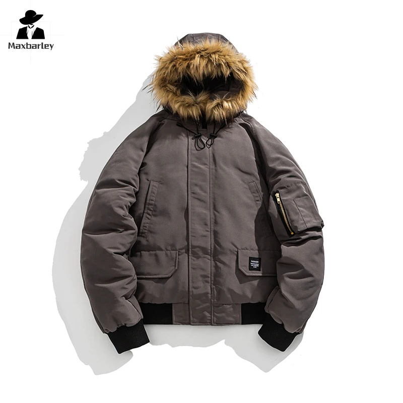 Winter Cotton Jacket Men's Casual Retro Large Fur Collar Padded Warm Loose Parkas Women Solid Color Zipper Windproof Hooded Coat