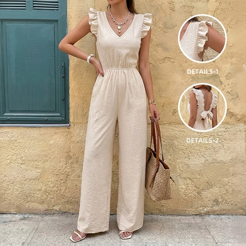 

Female Jumpsuit Long Pants Bow Tie At The Back Jumpsuis Women Штаны Женские Kombinezony Cutout Jumpsuits