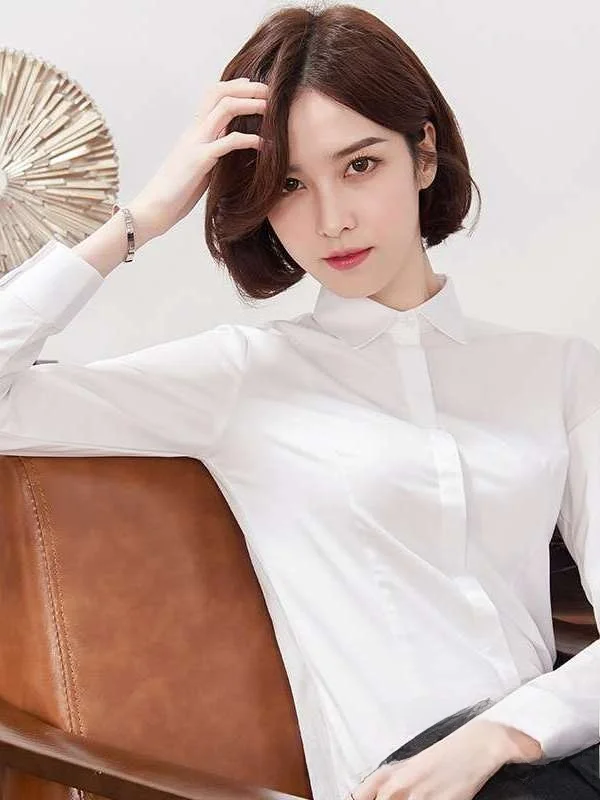 

Women's Professional Formal White Shirts Long Sleeve Cleanfit Style Thin Poly Fabric Square Collar Pure Color Business Tops