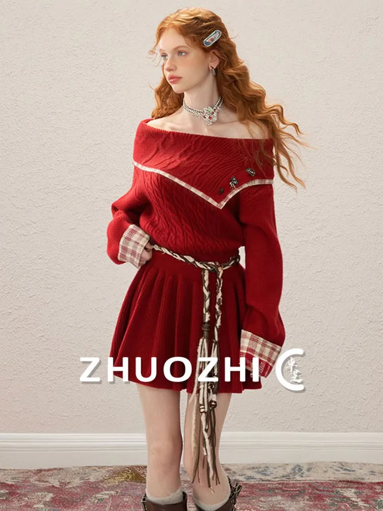 

ZhuoZhi Red Plaid One oulder Long Sve Dr Spring New Sle Юбка трапециевидной формы с высокой талией French Sle Удобная мягкая ткань