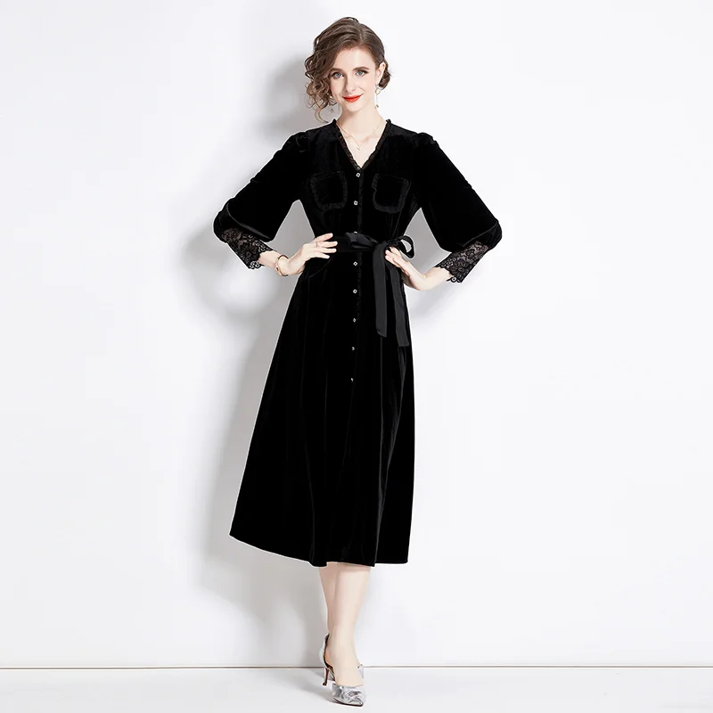 

2024 Autumn New Gold Velvet Women's Long Sleeve Hepburn Style Retro High-end Cinched Waist Button Inner Skirt Dress