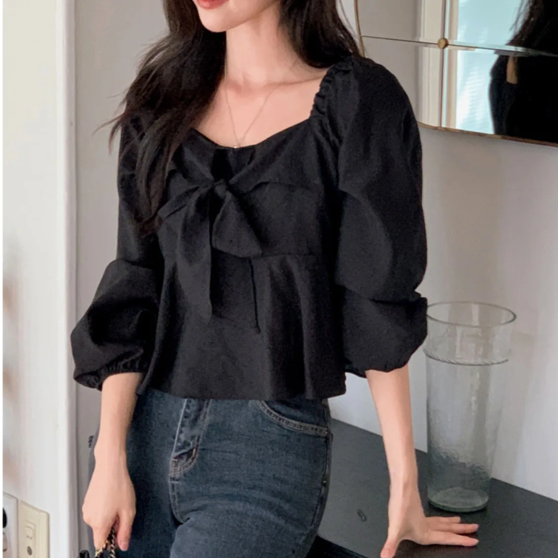 Lungo da donna Sve irt Primavera Autunno Colore puro Colletto quadrato Nodo ort Top Design coreano Versatile Ele Sweet