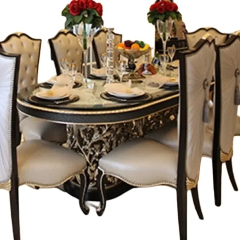European neoclassical dining table, solid wood carved champagne silver shell-inlaid oval large dining table
