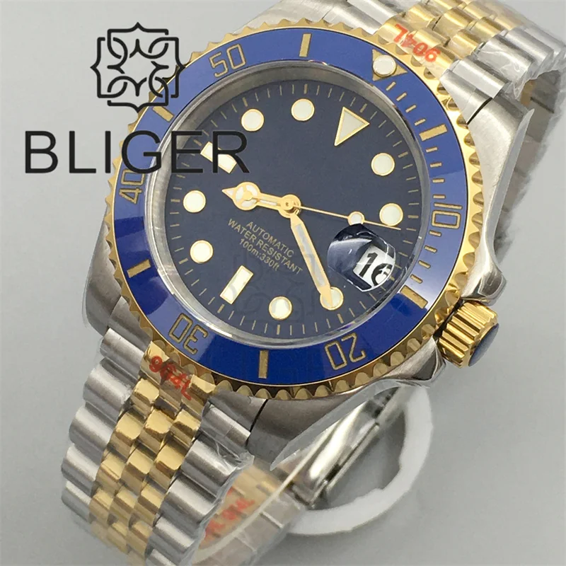 

40mm Two Tone Silver Gold Jubilee Bracelet NH35A Diving Watch For Men Blue Bezel Blue Dial Gold Index Sapphire Glass Waterproof