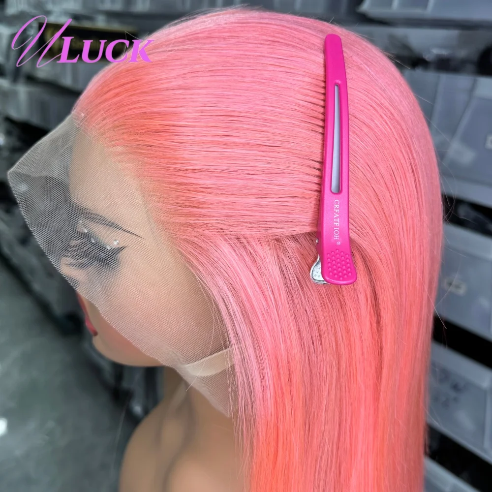 วิกผมบ๊อบสั้นตรงสีชมพูโรสพิงค์ ยี่ห้อ Uluck  วิกผมแท้แบบ Double Drawn Remy ความหนาแน่น 200% วิกผมหน้าผากลูกไม้ 13x4 สำหรับผู้หญิง