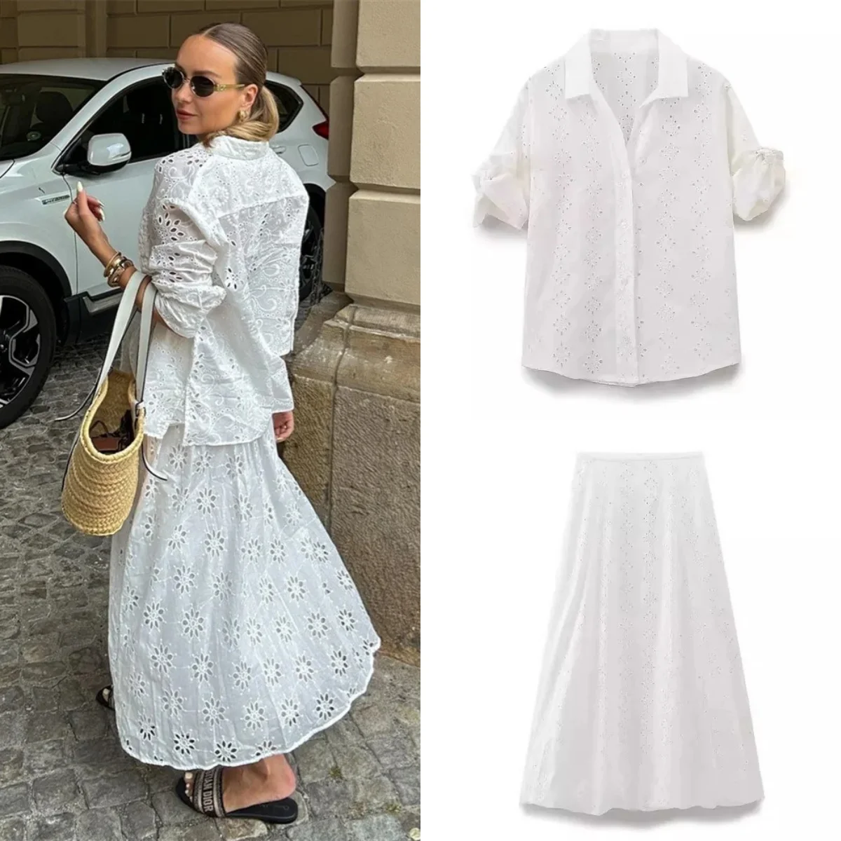 

Women 2 Piece Set White Hollow Embroidery Single-Breasted Lapel Short Sleeve Casual Shirt+Zipper Folds Long Skirt