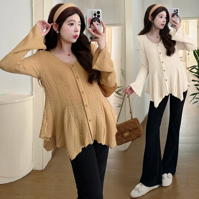 2026 New Autumn Maternity 2 Piece Outfit Stylish Irregular Design Knit & Flared Belly Support Pants Fashion Pregnancy Clothing