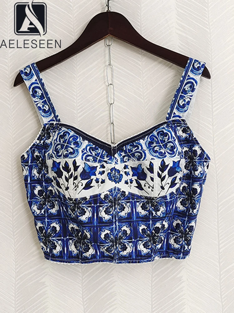 

AELESEEN 100% Cotton Sicily Camis Corset Summer Runway Fashion Flower Porcelian Printed Sexy Holiday Short Bustier Poplin