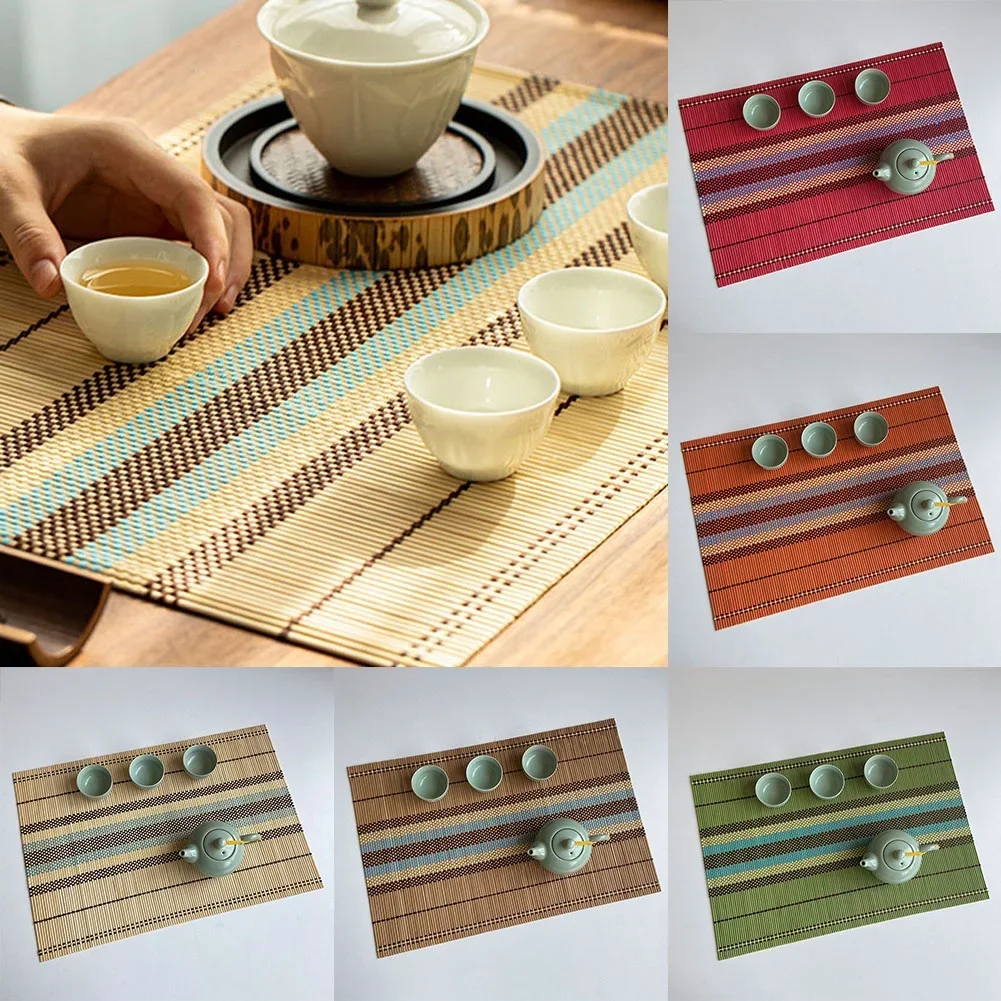 5pcs Table Placemats Bamboo Woven Braided Ribbed Washable Anti-Slip Table Mats Table Decor Mats For Dining Tables