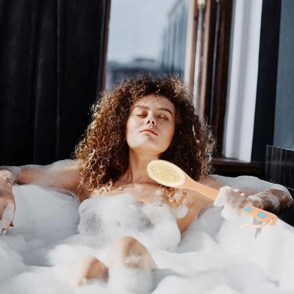 竹製シャワーブラシ（柔らか毛と硬毛）、背中用ハンドル付き、ドライロングスクラバー、ブラシ式角質除去、ウェット/ドライ両用 I6G3