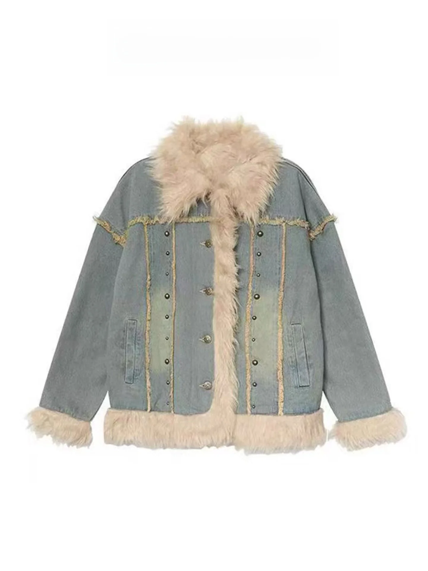 

Retro American Waed Plaid Plu Denim Thi Jaet Women's Winter New Sle Fur Collar Sandwich Cotton Cotton Coat