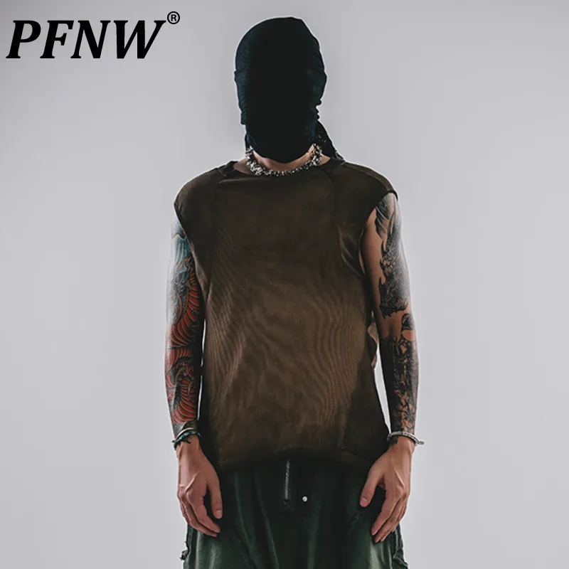 

PFNW Niche Design Men's Tank Tops Worn-out Washed Solid Color Tees Round Collar Sleeveless Loose Male Pullover Tops New 12C799