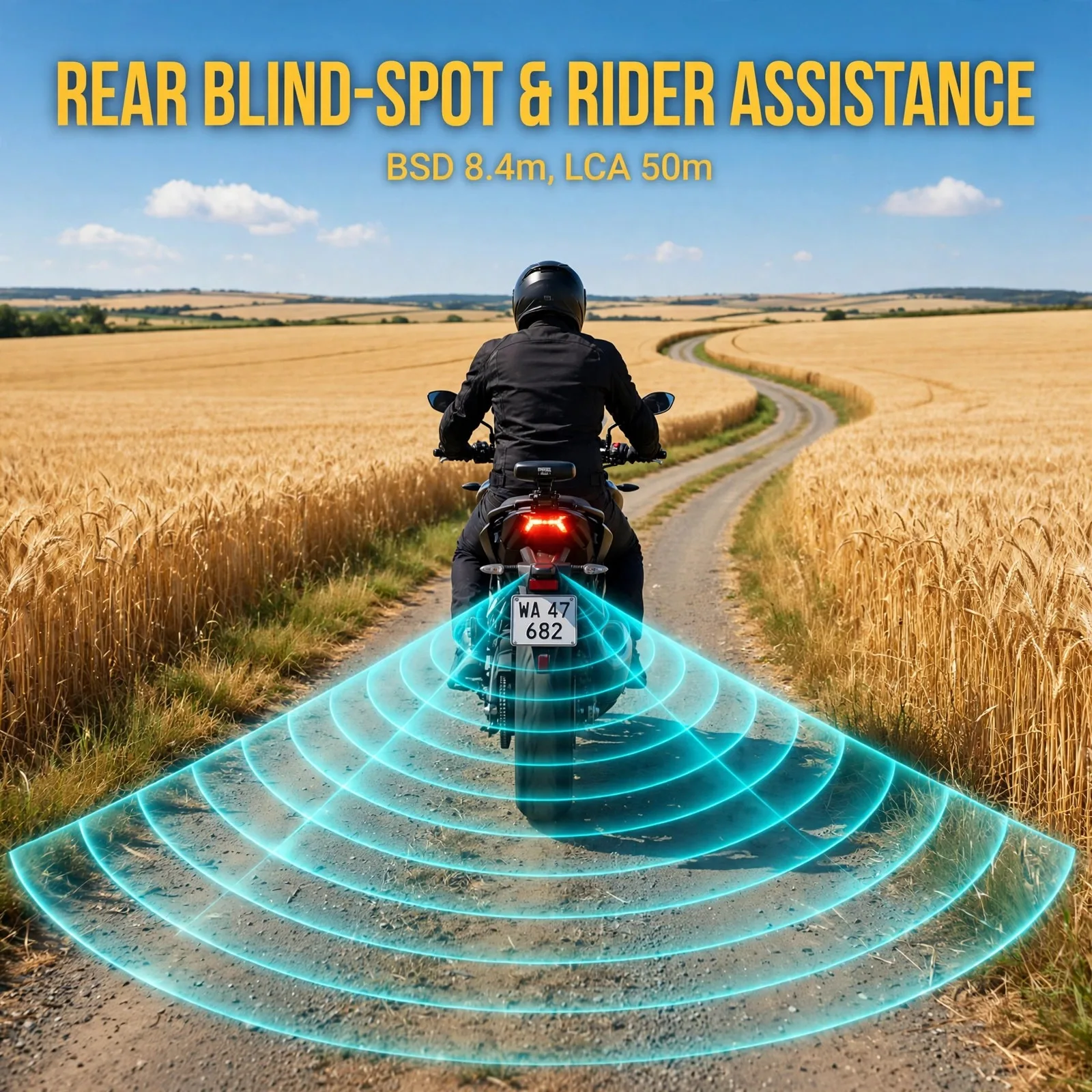77GHz Motorcycle Blind Spot Radar – Wheat Field Series, Dual Amber LED Mirror Indicators, BSD 8.4m / LCA 50m, IP67, 9–24V DC