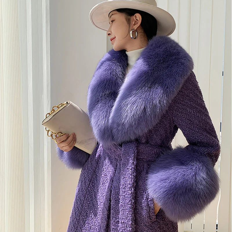 2023 New Winter Women Wool Blends Long Coat Real Fox Fur Collar Cuffs Thick Warm Jacket Tweed New Luxury Outwear Female Coat