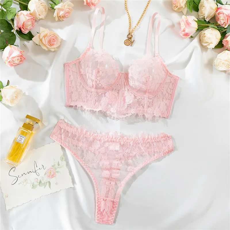 Sexy Spitzen-BH-Slip-Set mit Bügel und Blumenmuster, gut aussehende Dessous, Netzstoff, ausgefallene Unterwäsche, luxuriöses, spurloses, durchsichtiges, sexy, exotisches Set