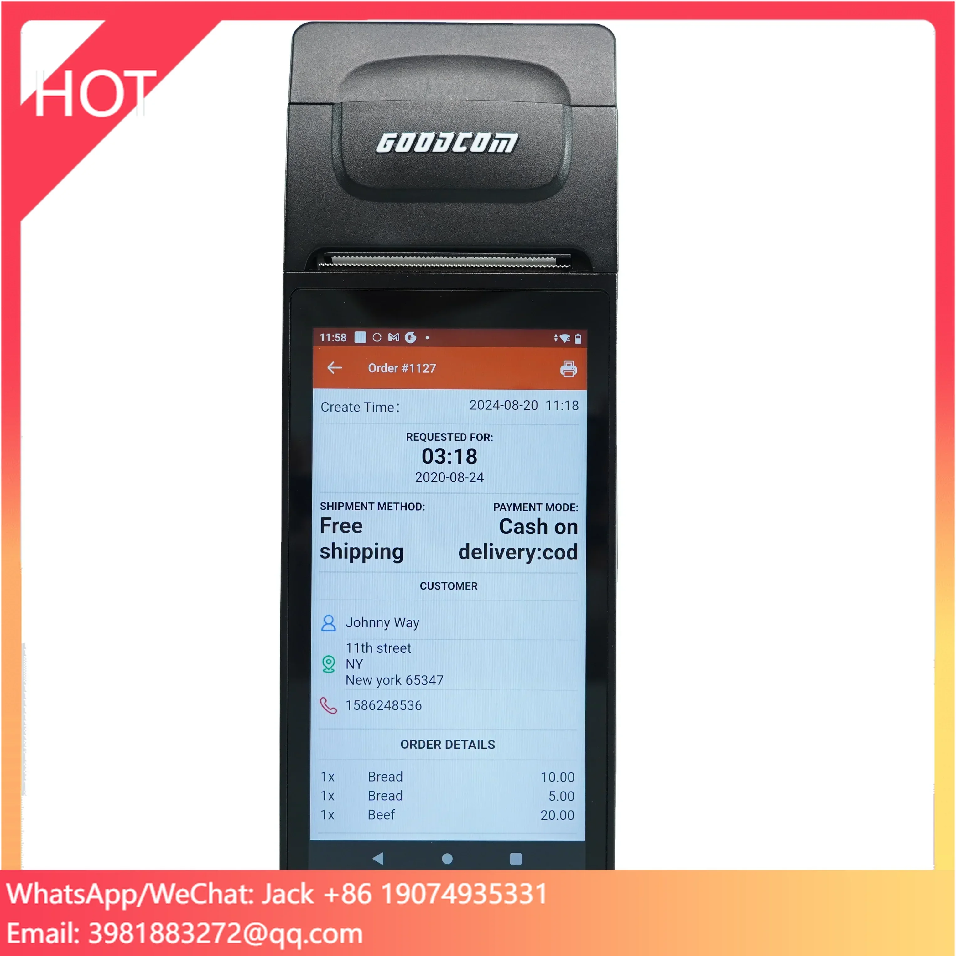 GOODCOM PosTerminal Machine Portable With 58mm Thermal Receipt SMS GPRS Printer For Online Food Order