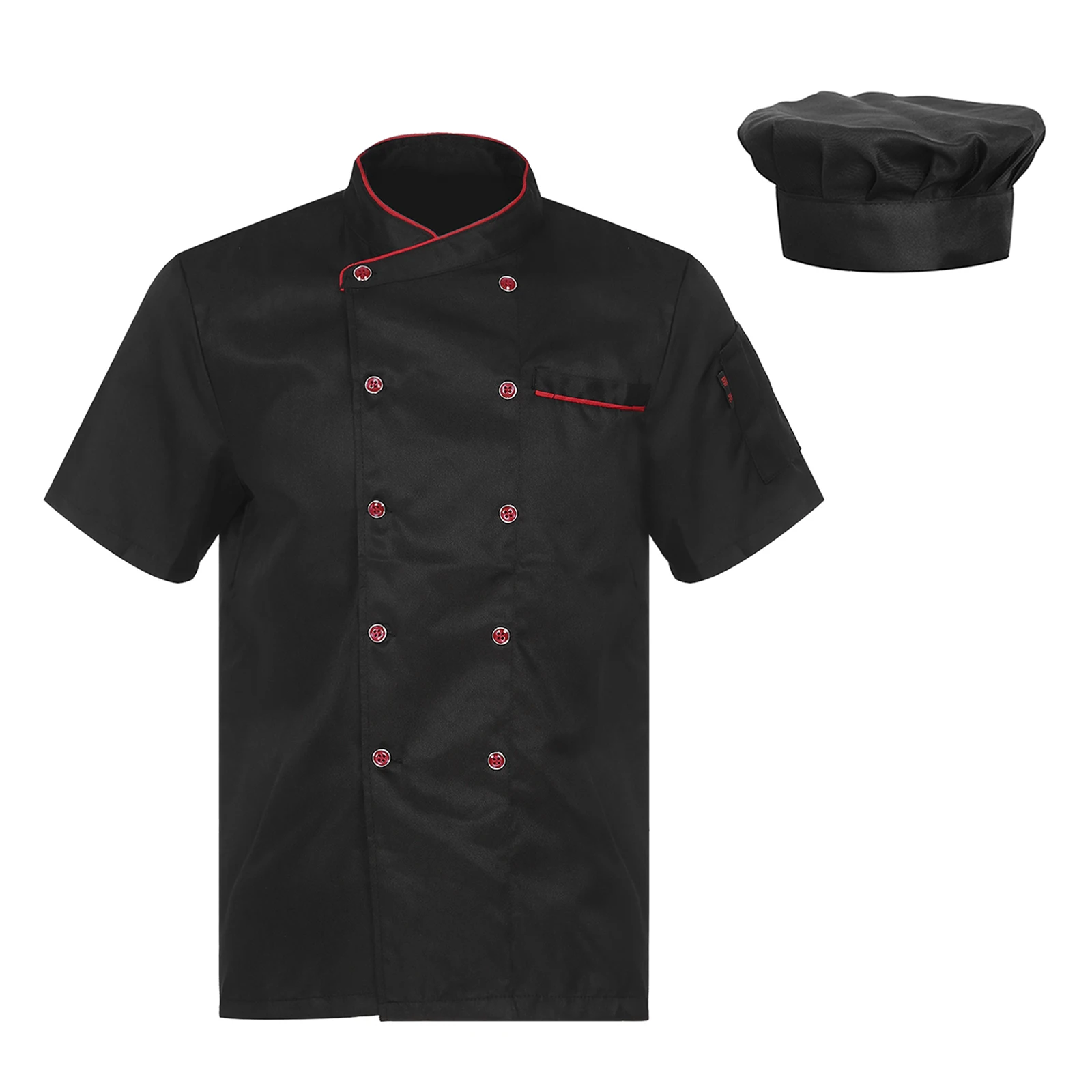 Casaco masculino de manga curta, uniforme de trabalho, jaqueta de cozinha, camisa chef, bakeshop tops com chapéu chef para cozinha, serviço de comida