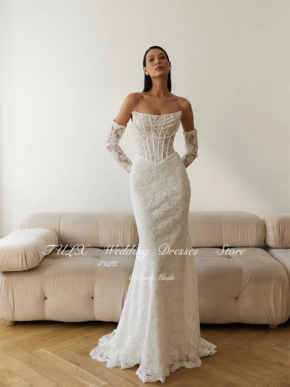 TULX Abiti da sposa in pizzo avorio di lusso senza spalline con perline Set maniche Abiti da sposa Sirena Lunga Robe De Mariée Personalizzato 2026