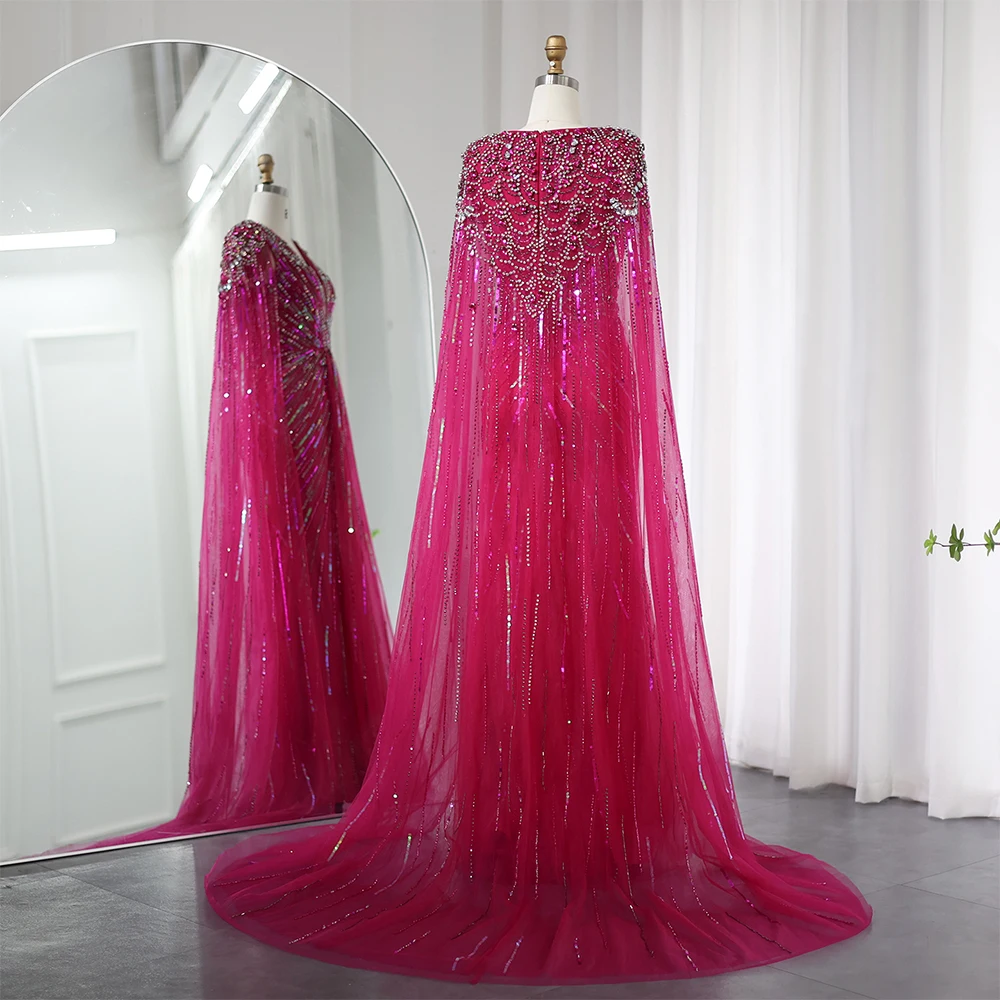 Elegant V-neck uxury Dubai Green Evening Dresses With Cape Fuchsia Crystal Gold Women Wedding Party Gowns Customized فساتين سهرة