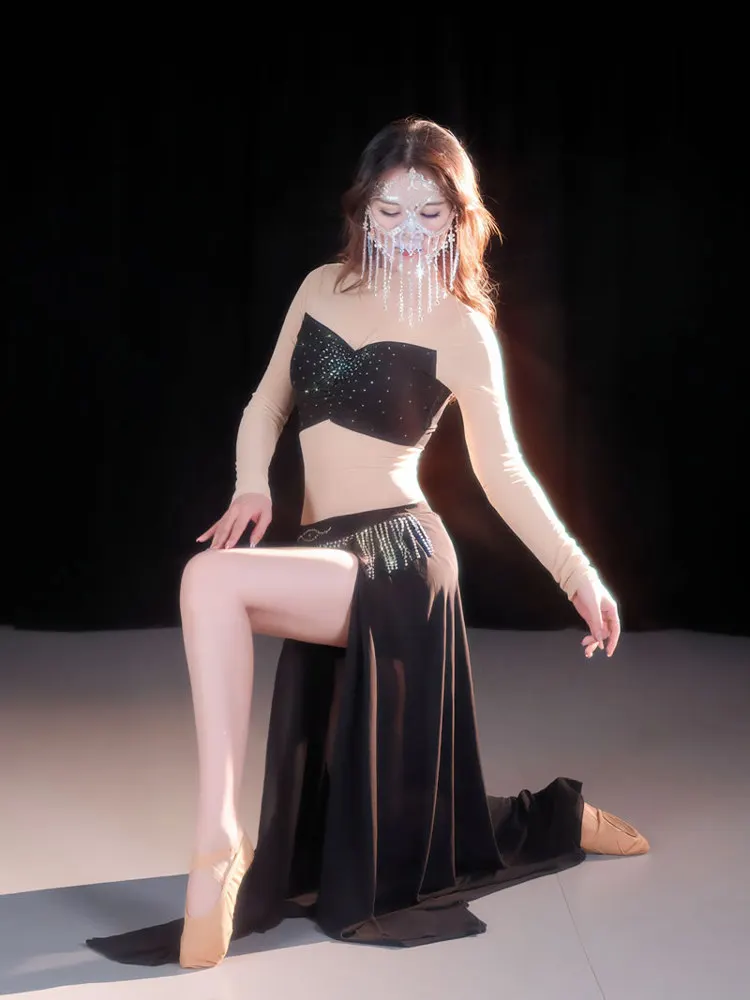 春の新作オリエンタルダンスベリーダンスセクシーメッシュフリンジパフォーマンスコスチュームセットオリジナルデザイン