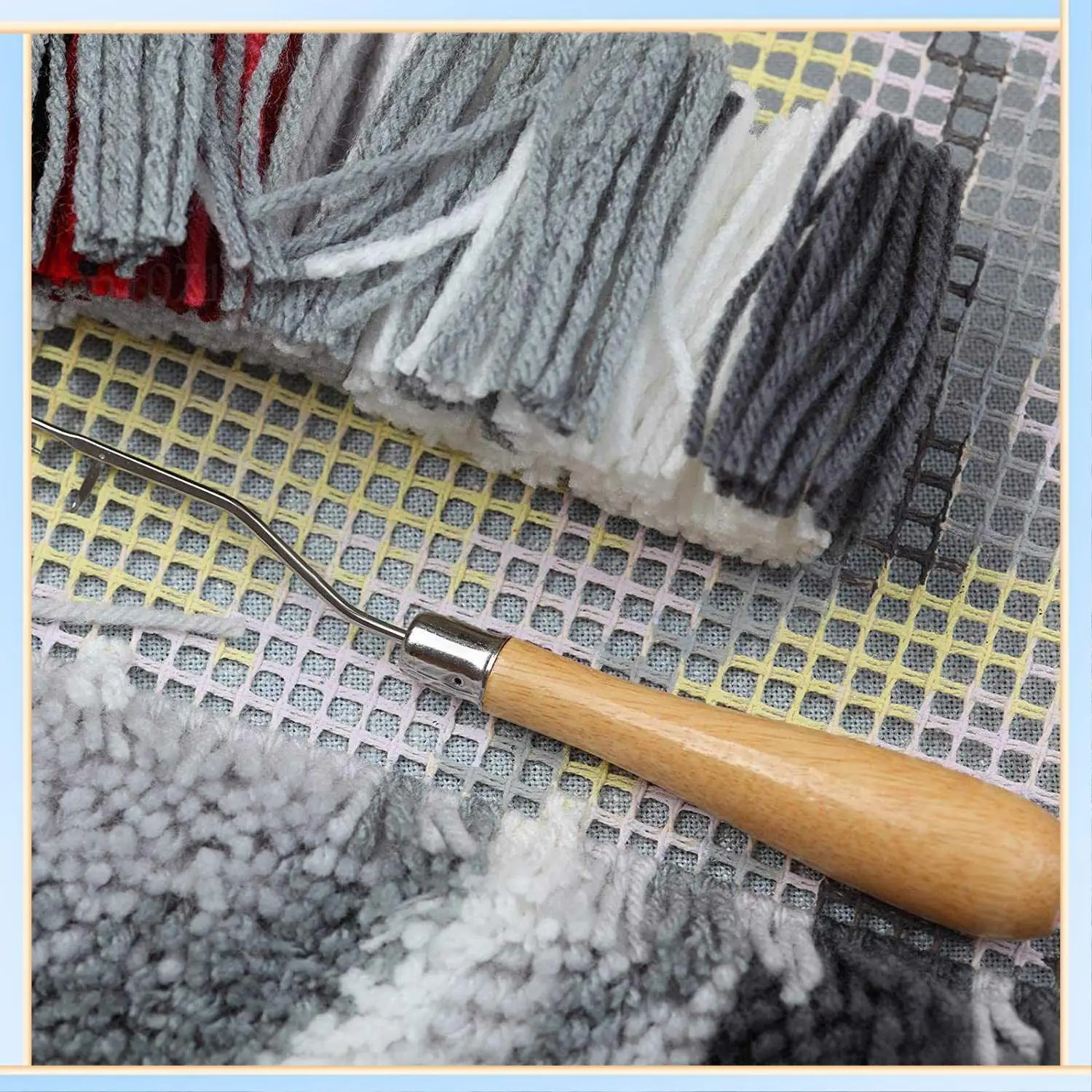 -A60I 2Pcs Blank Rug Hooking Mesh Latch Hook Canvas Kit With 2 Pcs Wooden Bent Crochets For DIY Rug Tapestry (19X19 Inch)