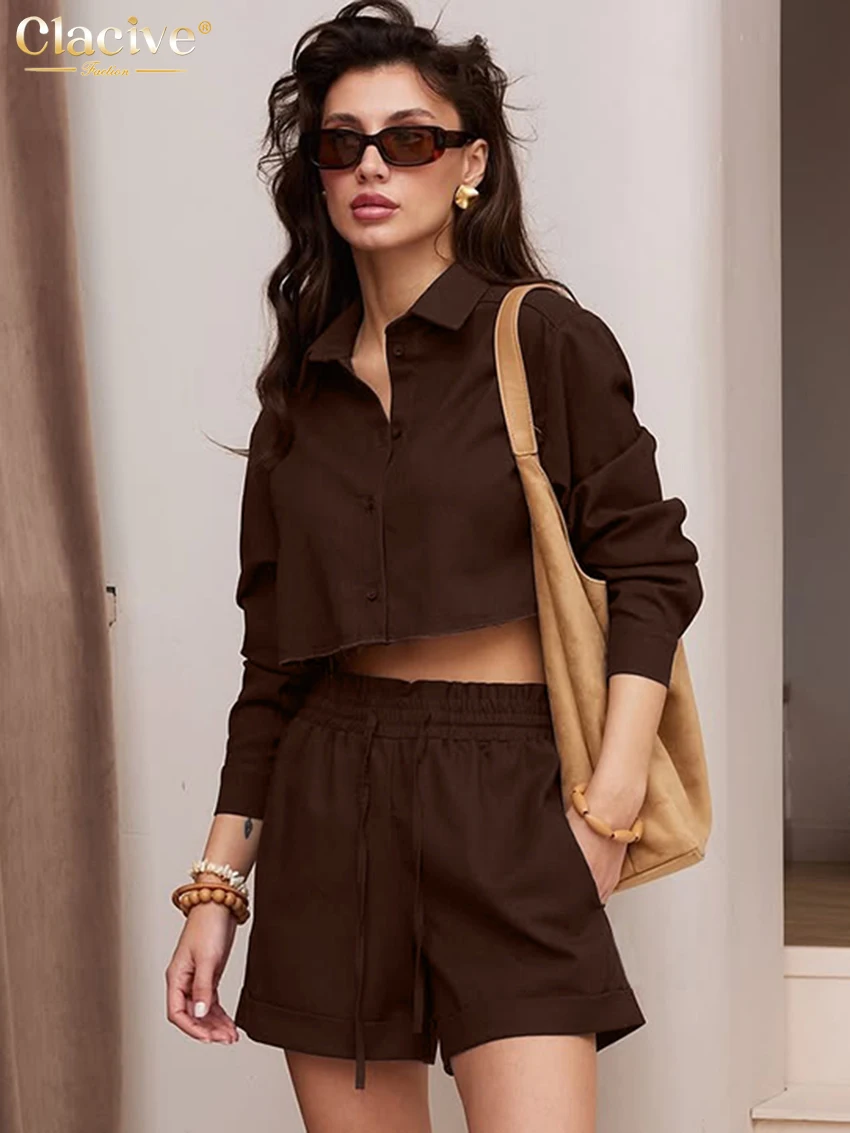 

Clacive Fashion Loose Brown Linen 2 Piece Sets Woman Outfit Elegant Long Sleeve Shirt With High Waist Shorts Set Female Clothing