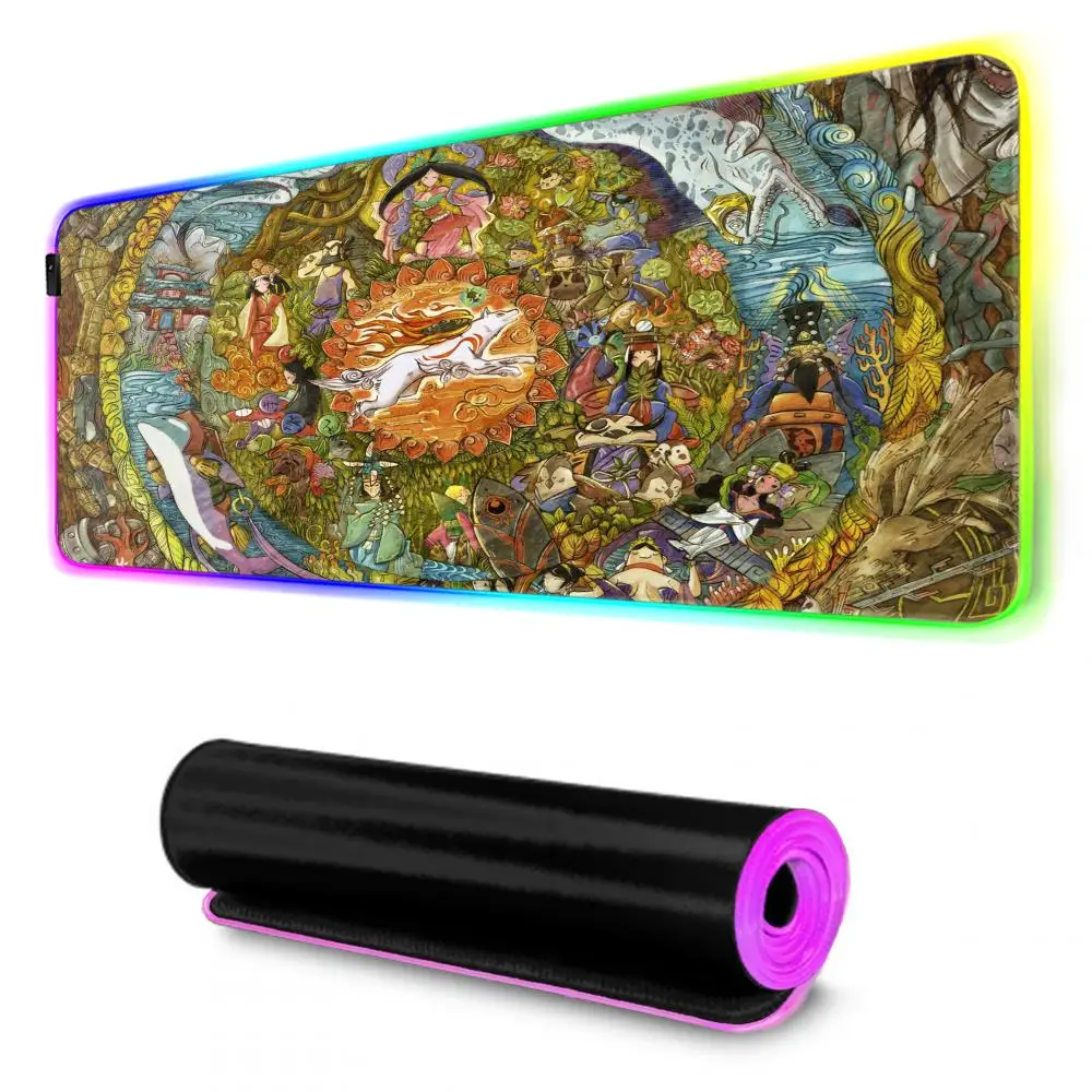 Okami HD Mouse Pad Gamer Rgb Desk Mat Back Light Led Mousepad Setup Gaming Accessories Deskmat Big Mousepad Backlight