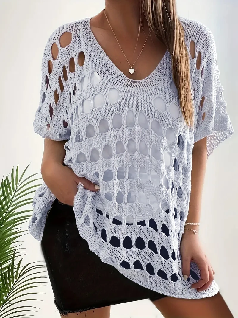 

Women's Fashion Casual V-Neck Open-Shirt Design Top Elegant Hollow out Neck Design for Comfortable Wear