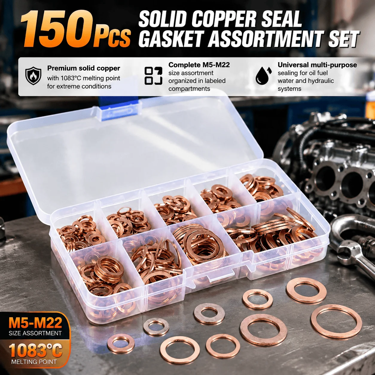 Copper Washer Set Automotive Engine Sump Plug Crush Washer Kit Solid Copper Gasket Assortment With Storage Box For Hydraulic