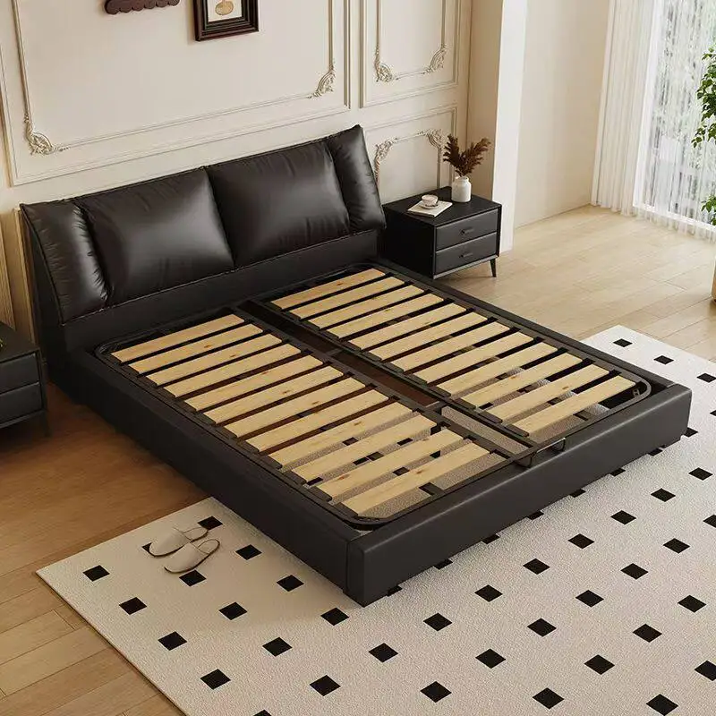 

Leather Safe Bed Sleeping Double Queen Frame Wooden Design European Modern Bed Floor Beauty Letto Matrimoniale Home Furniture
