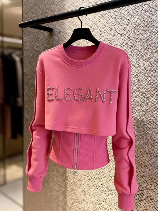 

Женский модный повседневный свитшот Slim Fit с объемной вышивкой и надписями, розовый, весна 2026, антивозрастной трендовый топ