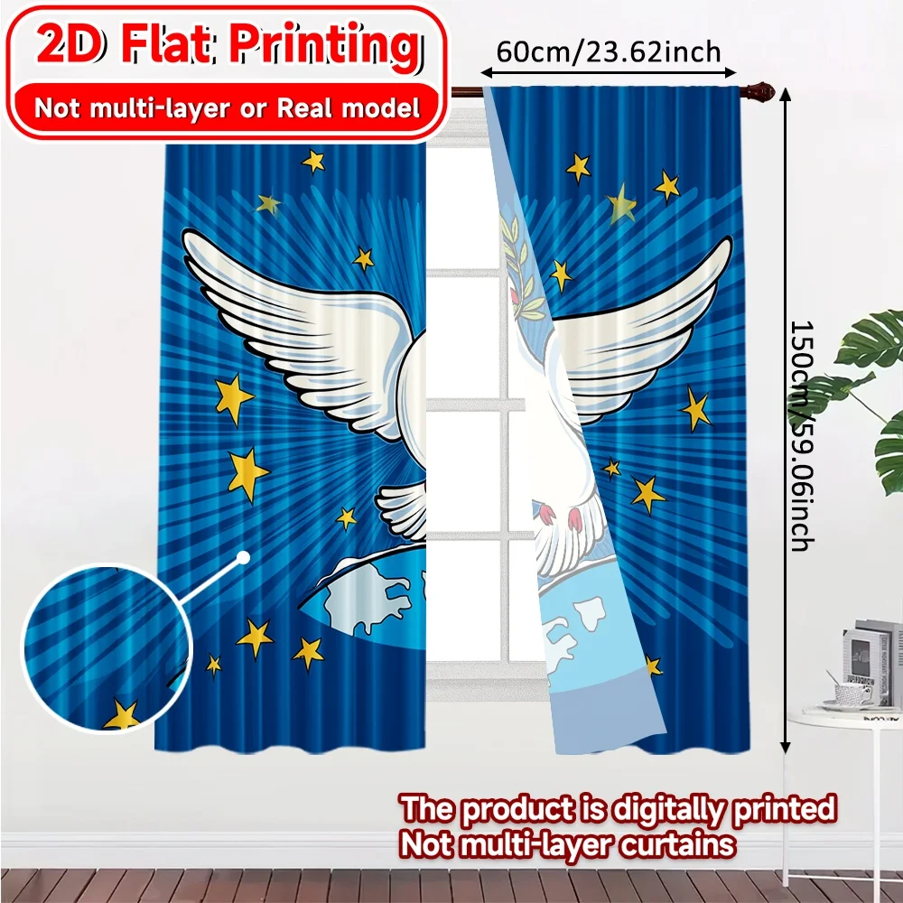 2D FLAT PRINTING 2pcs Curtains (Without Rod) Peaceful Dove Above Earth Holiday Valentine is day Printed Curtains Fabric Curtains