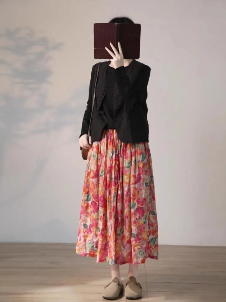 Vintage Literary Age-reduced Women Midi Skirts 2025 New Summer Bohemian Holiday Beach A-Line Skirts with Pockets Ropa De Mujer