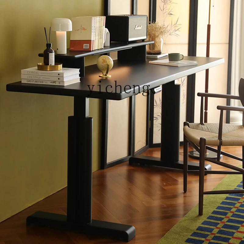 

XL solid wood lifting desk cherry wood matte black retro smart study table