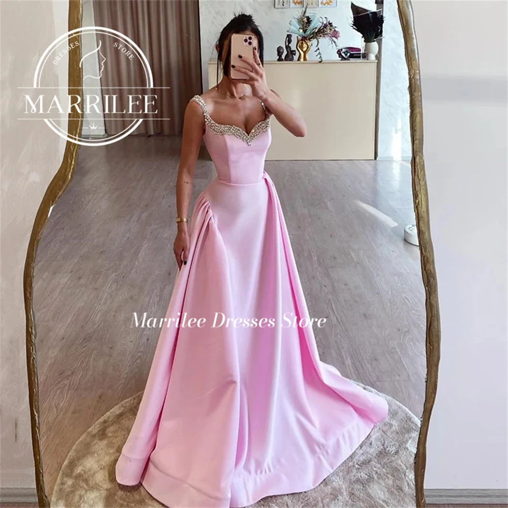 Marrilee-vestido de noche con tirantes finos para mujer, traje de princesa rosa con abalorios, escote Corazón, línea A, largo hasta el suelo, sin mangas, para fiesta de graduación