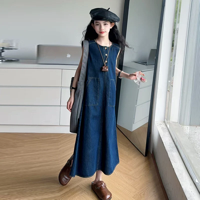فستان صيفي للأطفال على طراز هونج كونج بدون أكمام من قماش الدنيم للفتيات موضة عالية ملابس الشارع فستان جينز كاجوال أزرق عتيق للأطفال