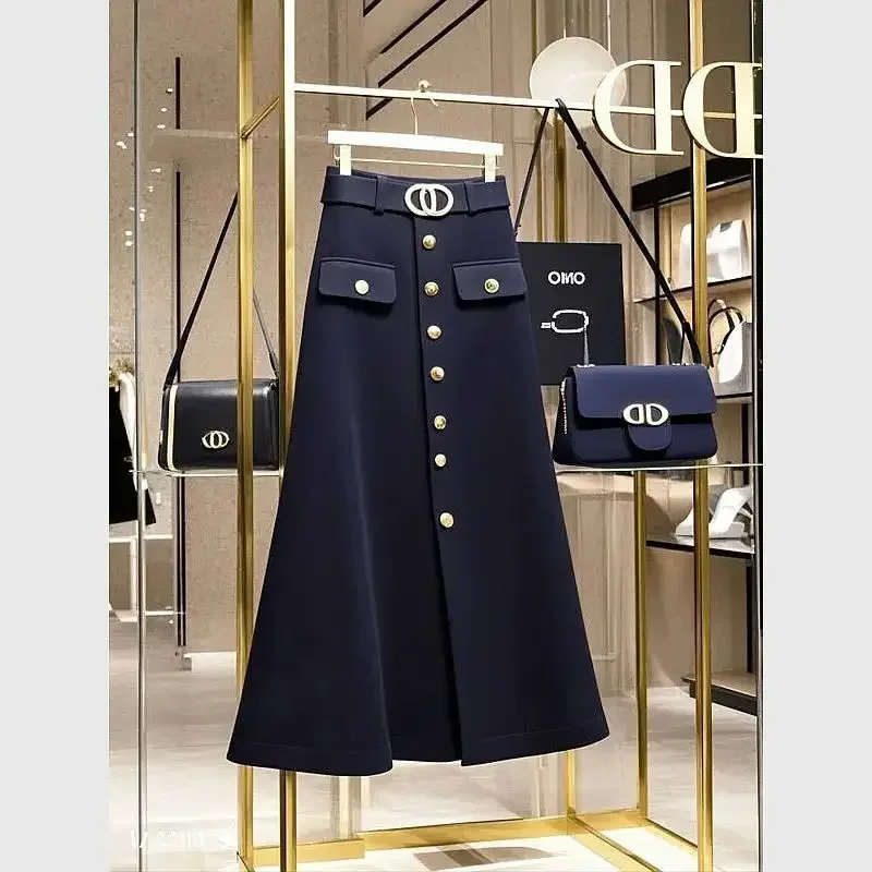 New Elegant Fashion Woolen Skirt Women High Quality High Waist Single Breasted Loose A-Line Solid Color Midi Skirts Office Lady