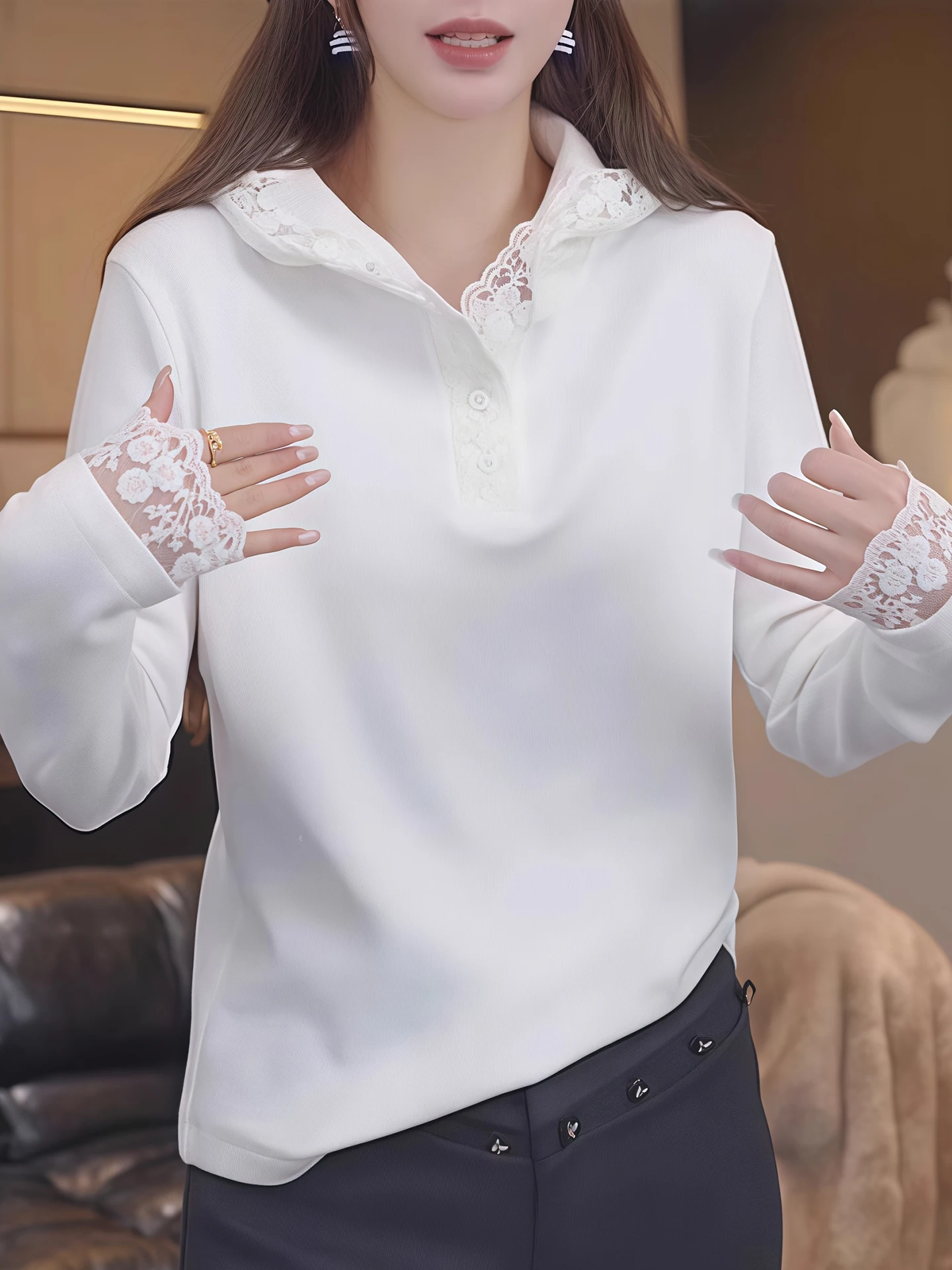 Pure Cotton Lace Patchwork Hoodie T-Shirt Women's Spring Autumn New Style Slimming Long Sleeve Top Korean Style Commute Wind