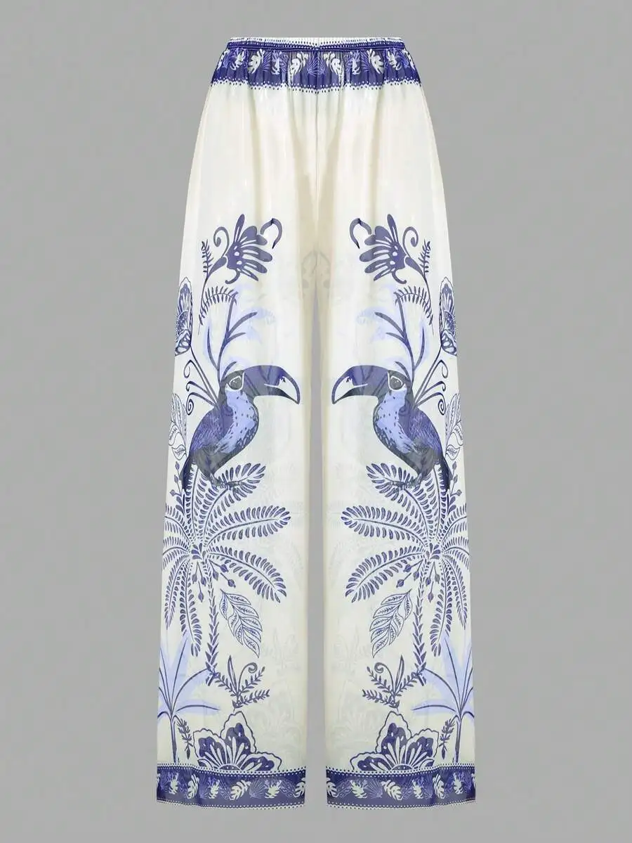 

Women Wide Leg Pants With Toucan And Floral Print Blue White